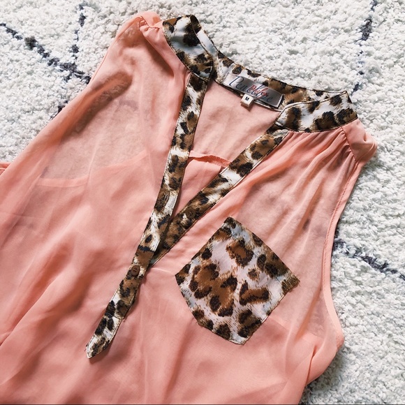 Penelope Pink Sheer High Low Leopard Print Tank Top Razor Back Vneck Size Medium - Picture 3 of 4